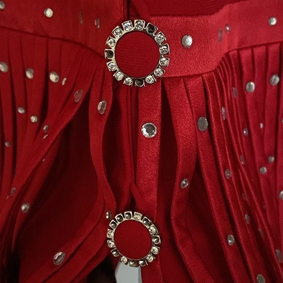 Milano Red Rhinestone Studded Pom Pom Skirt Suit Size 26W Church Plus Size - Picture 4 of 10